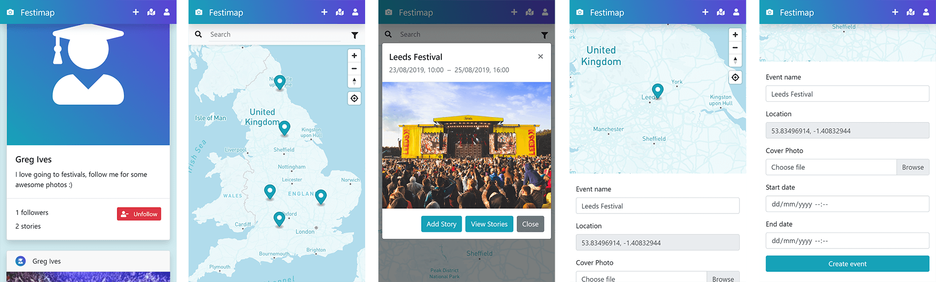 Screenshots of Festimap app